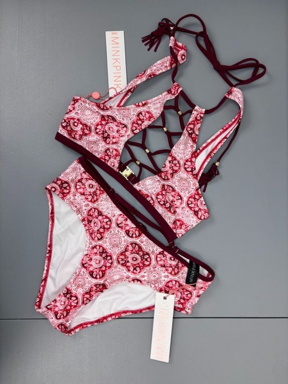 MinkPink womens small spicy red tile high neck bikini swim set NWT lace up front
